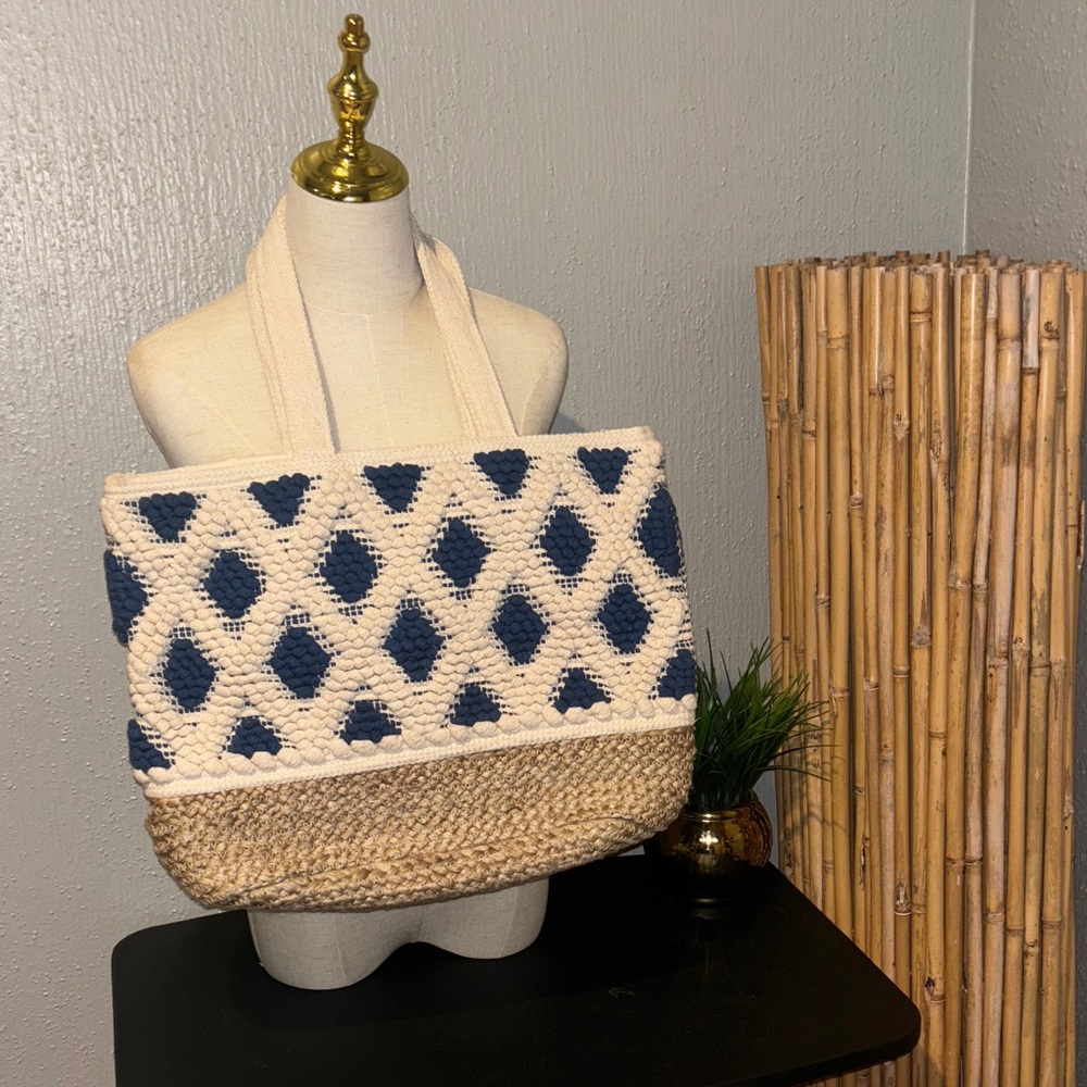 NWOT Roller Rabbit Navy and Cream Woven Tote